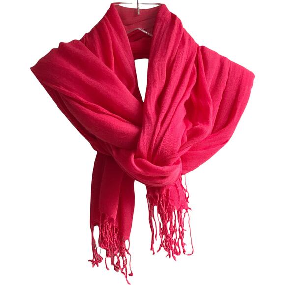 none Accessories - Coral Fringed Scarf Lightweight Wrap Neckwarmer Bright Gauzy Breezy Woven Knit